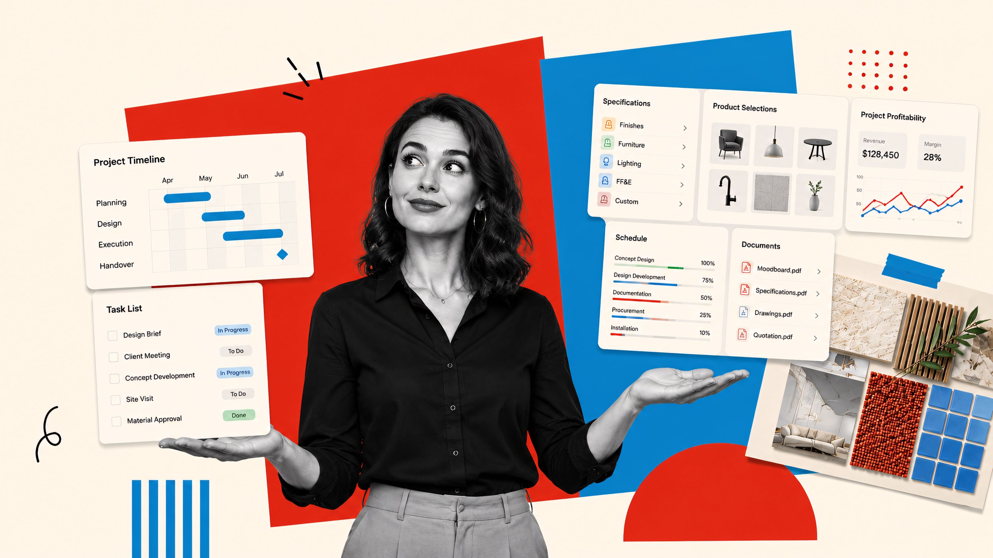 Professional woman comparing Zoho Projects task management with an integrated .STUDIO operating system for interior design studios.