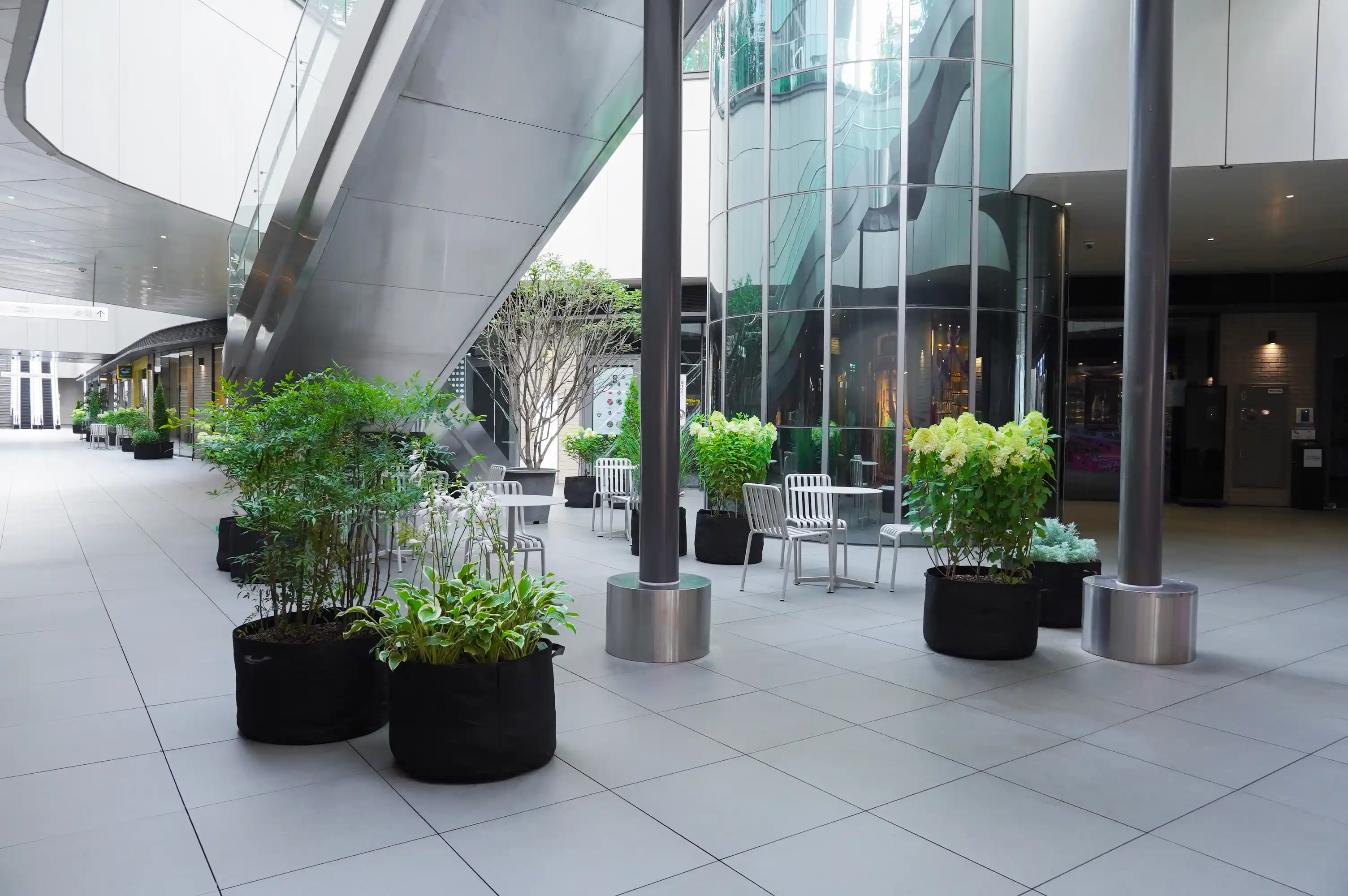 빌딩 플랜테리어 모습. 메탈 소재 에스컬레이터 아래 식물을 배치한 모습.