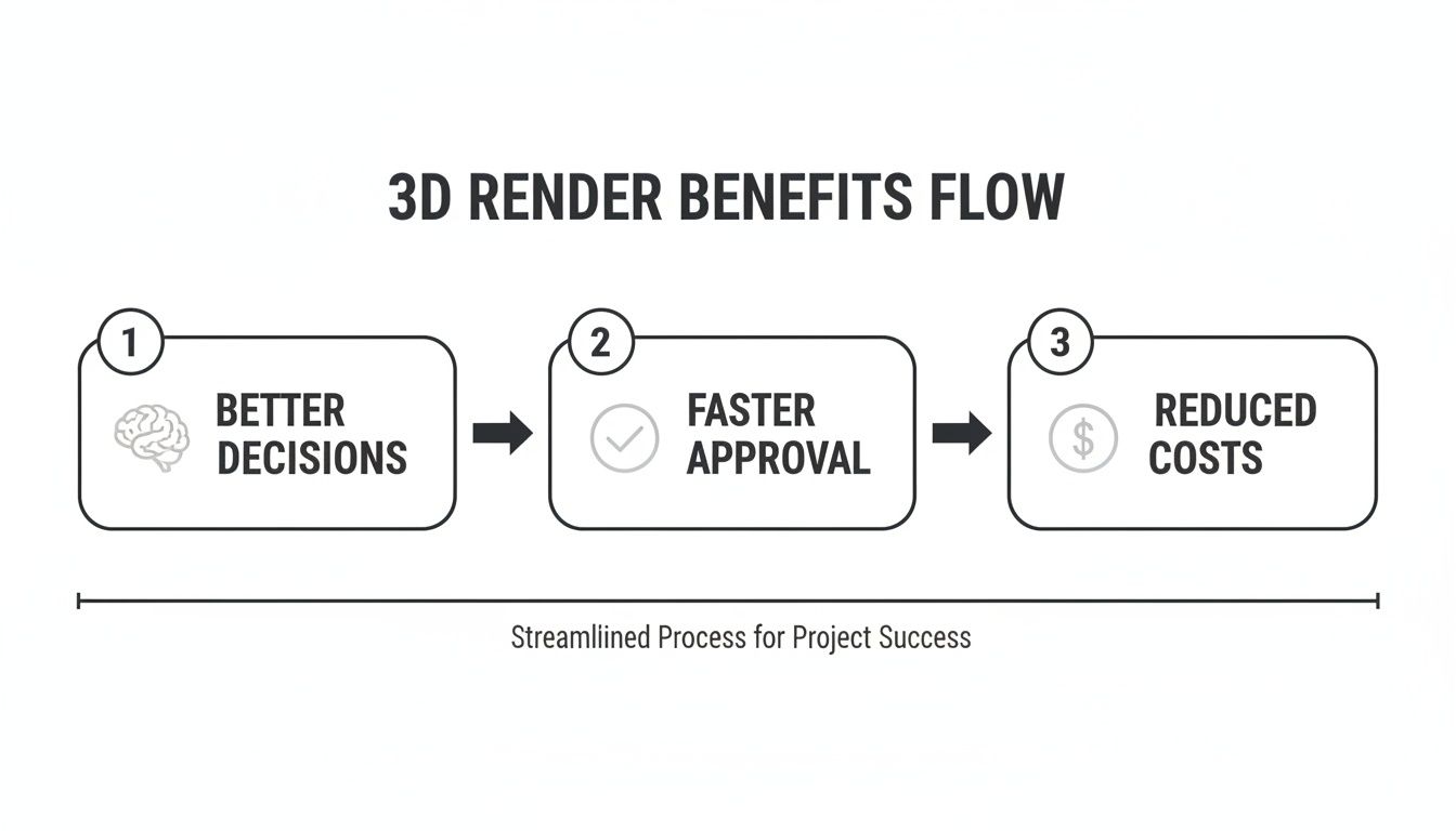 A flowchart illustrates the 3D render benefits: better decisions, faster approval, and reduced costs for project success.