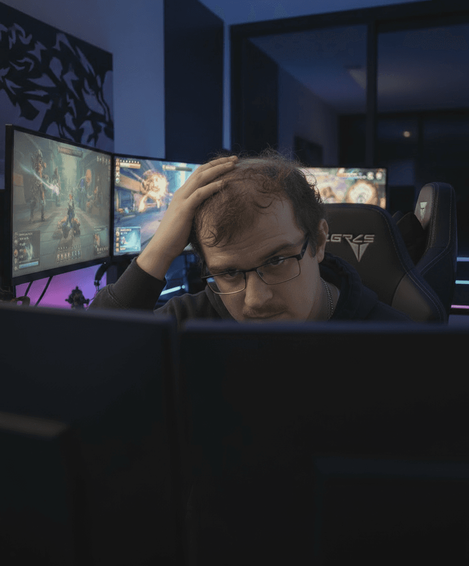 Close-up of a young gamer touching his thinning hair with a concerned expression while looking at a computer screen. Visualizing the emotional 'pain point' and personal insecurity associated with hair loss, setting the stage for the patient's transformation journey.