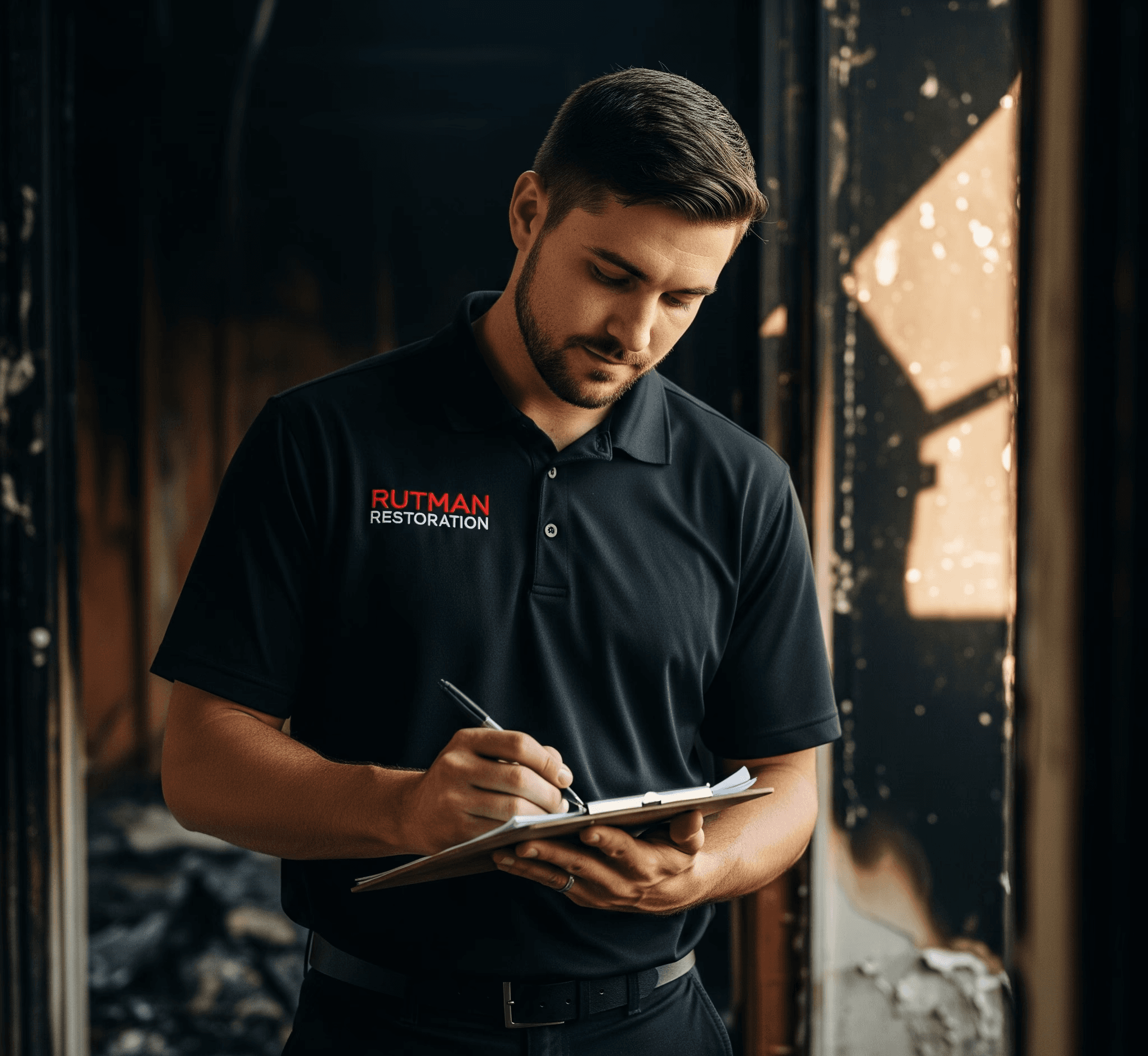 Rutman Restoration staff member documenting notes on clipboard in a burned-out room