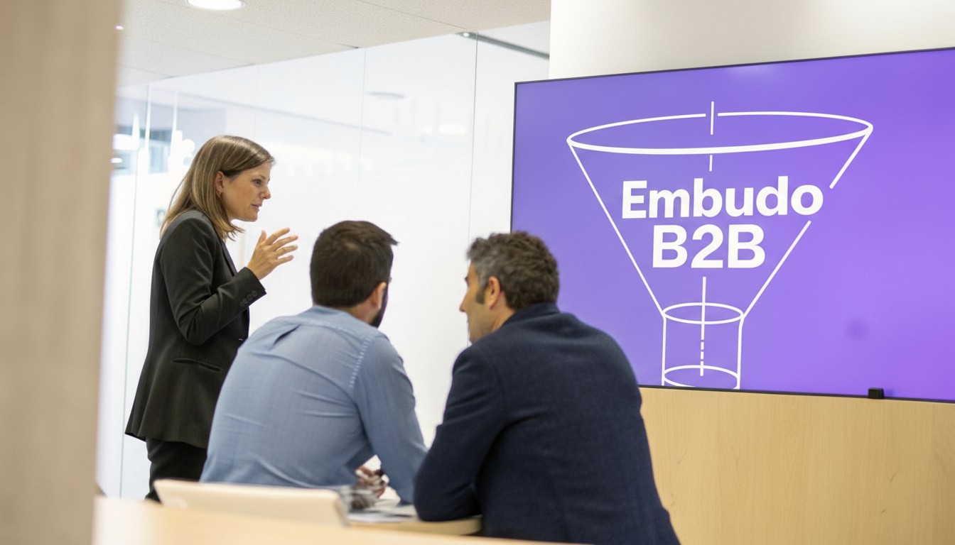 Diagrama de un embudo de ventas B2B mostrando las etapas de conciencia, consideración y decisión