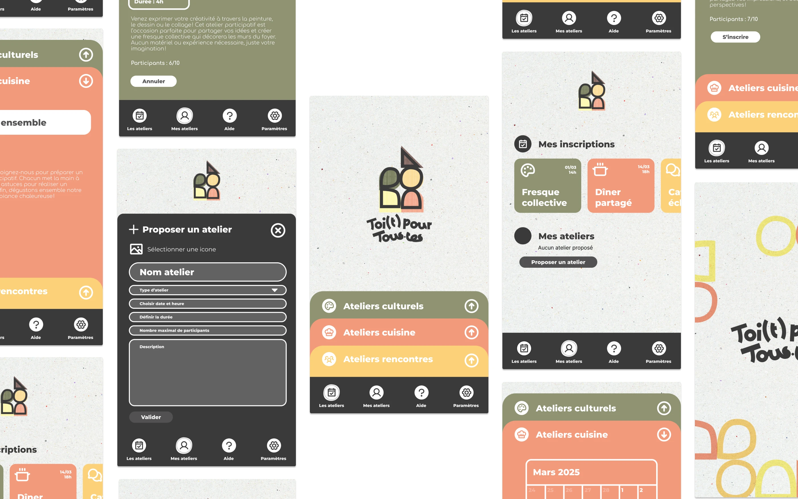 Maquettes de l'application mobile Toi(t) pour tous.tes pour la gestion d'ateliers solidaires. Design UI/UX par Tartelette Concept.