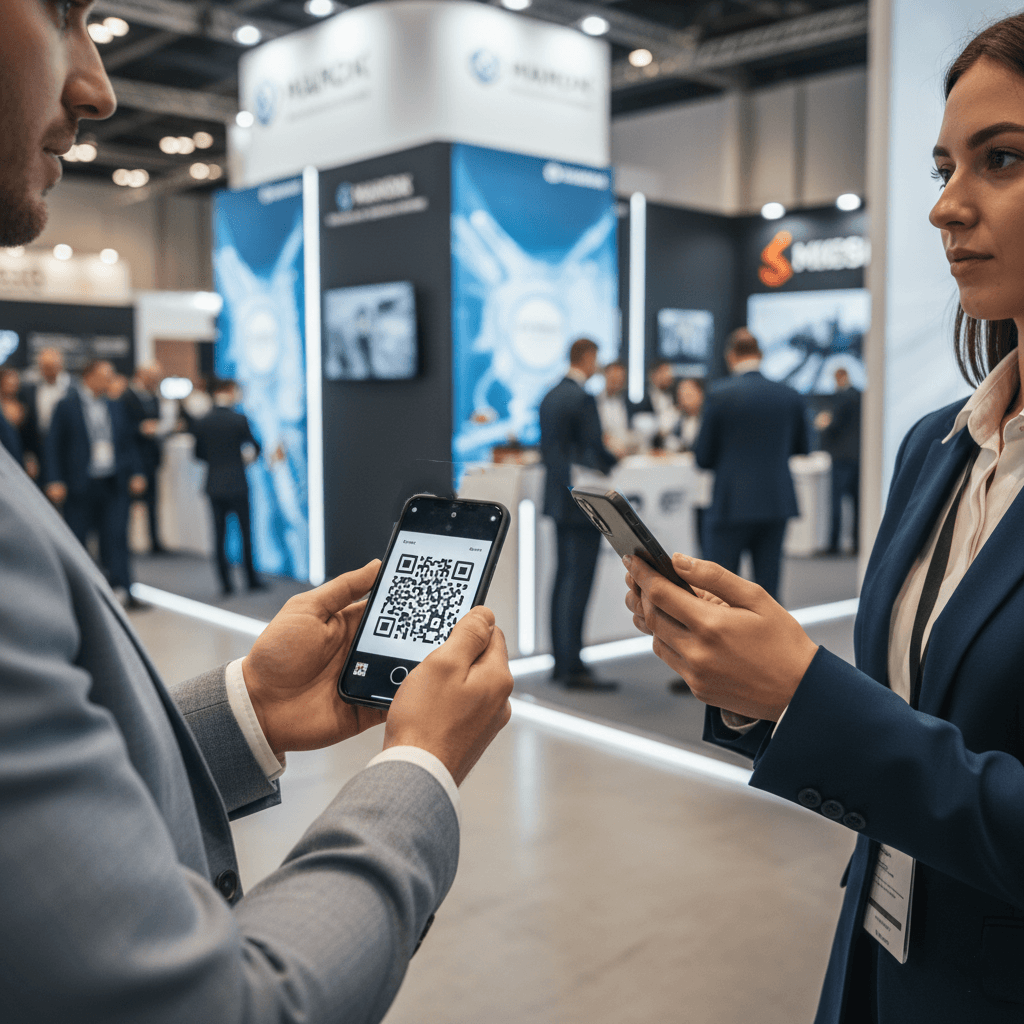 Professional scanning a Habsy QR business card at a trade show instead of exchanging paper business cards