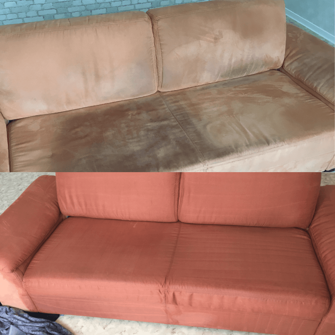 Vorher-Nachher-Bild eines großen Ecksofas: Mit Polsterreinigung wieder sauber und ansprechend – optimale Wohnoptik.