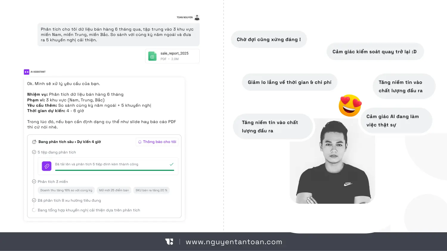 Minh hoạ AI UX trong Product Design của Nguyen Tan Toan: giao diện UXUI Design hiển thị quy trình phân tích dữ liệu bán hàng 6 tháng với thanh tiến độ chi tiết, breakdown nhiệm vụ, trạng thái xử lý từng bước và ước tính thời gian. Bên phải thể hiện cảm xúc tích cực của người dùng khi có kiểm soát, tăng niềm tin vào chất lượng đầu ra và giảm lo lắng về chi phí trong hệ thống AI.
