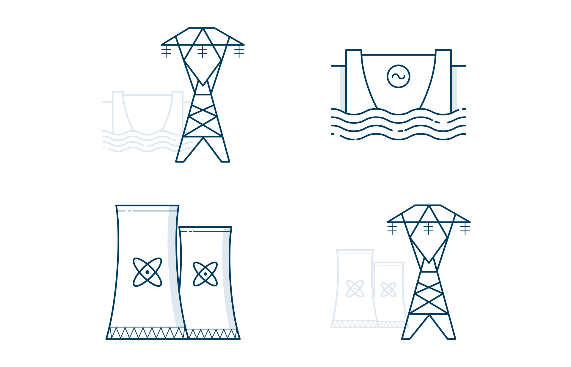4 pictograms arranged 2 by 2. They depict a transmission tower with hydro energy, a hydropower dam, two nuclear cooling towers, and a transmission tower with nuclear power