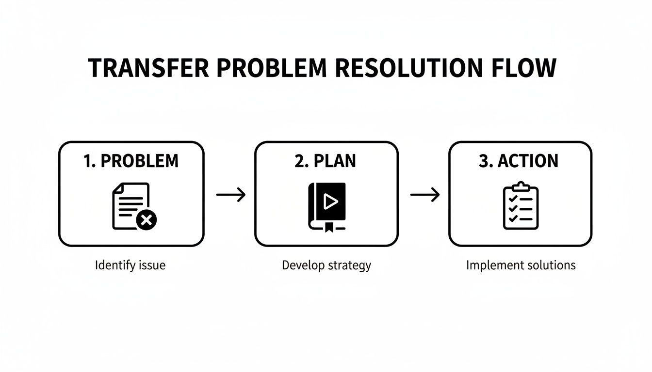 Diagram illustrating the transfer problem resolution flow, with steps: Problem, Plan, and Action, using icons and descriptions.