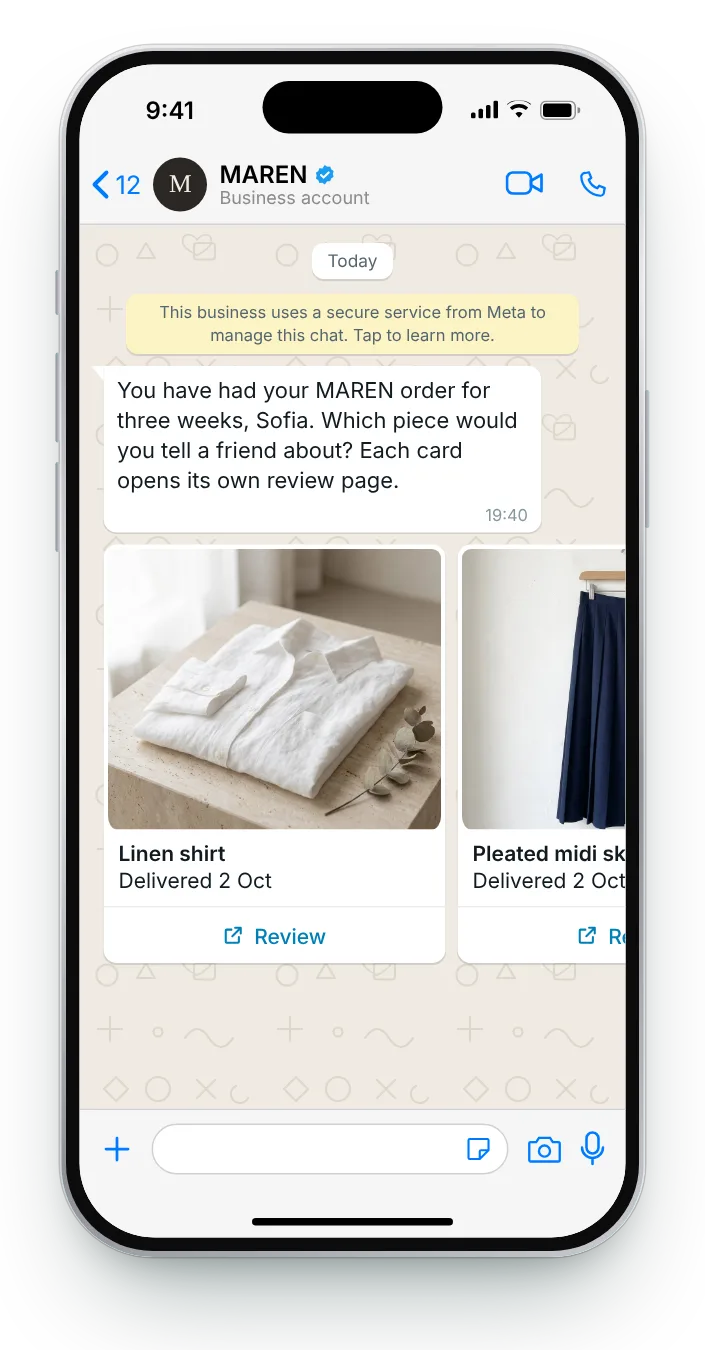 One card for each item in the order: WhatsApp review request on an iPhone