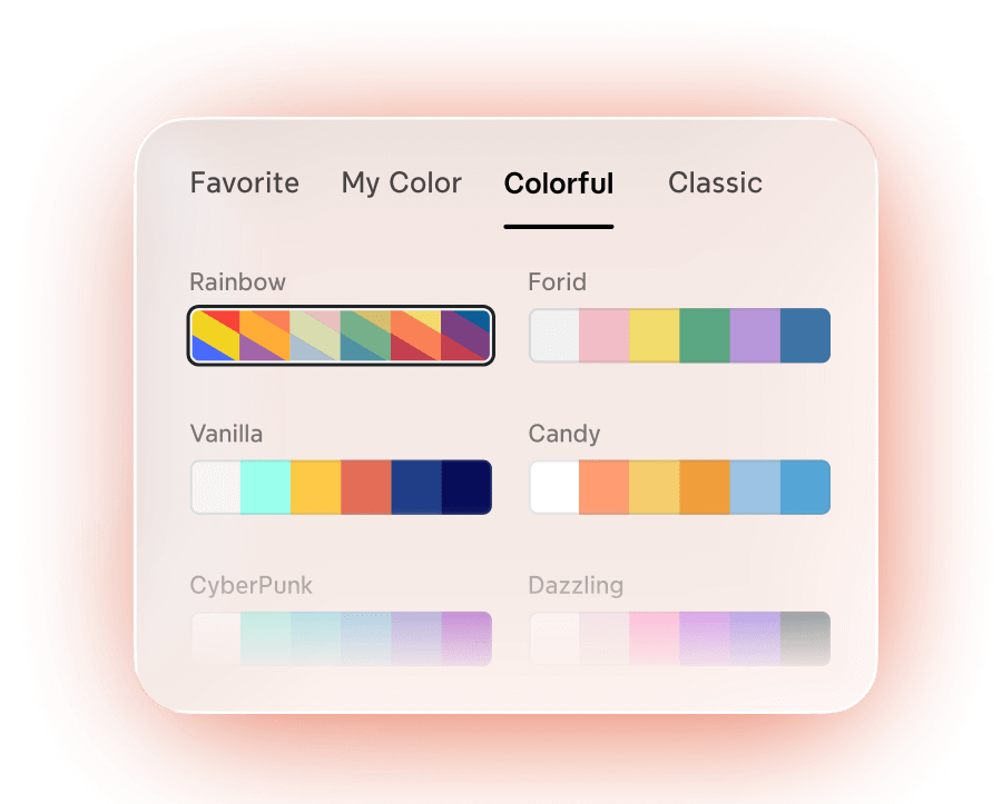 Interface de sélection de palette de couleurs avec les options "Rainbow," "Forid," "Vanilla," "Candy," "CyberPunk," et "Dazzling."