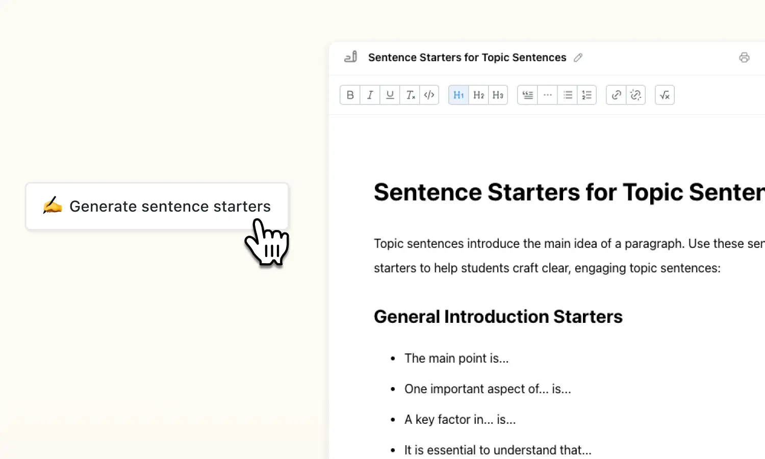 Screenshot of sentence starters generator document 