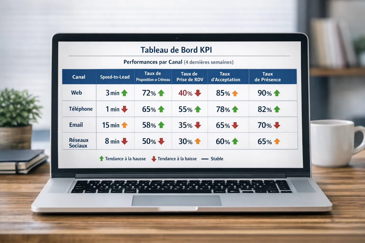 Capture d’un tableau de bord KPI simple montrant par canal, speed‑to‑lead, taux de proposition de créneau, taux de prise de rendez‑vous, taux d’acceptation et taux de présence, avec tendances sur 4 semaines.
