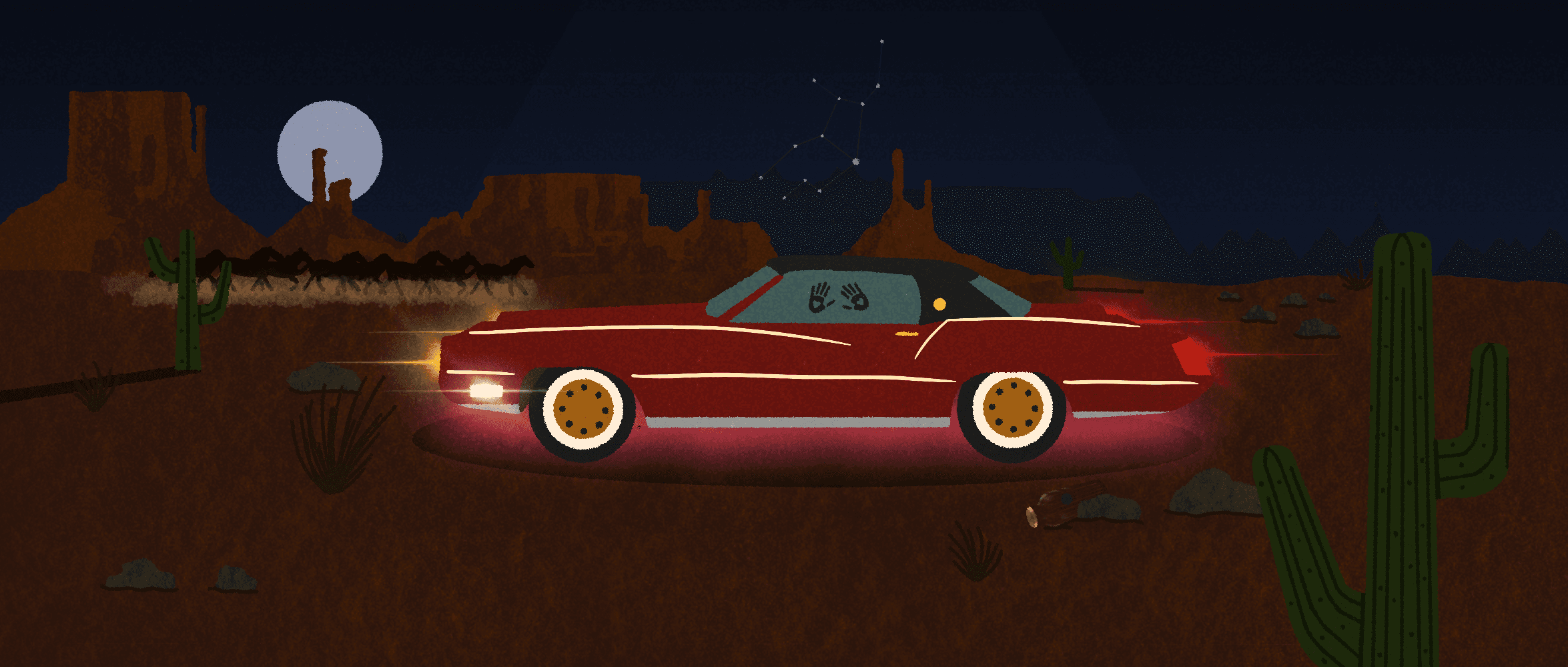 Illustration of a Cadillac parked in the middle of the desert with handprints noticeable on foggy window, the moon is full and wild horses gallop in the background.