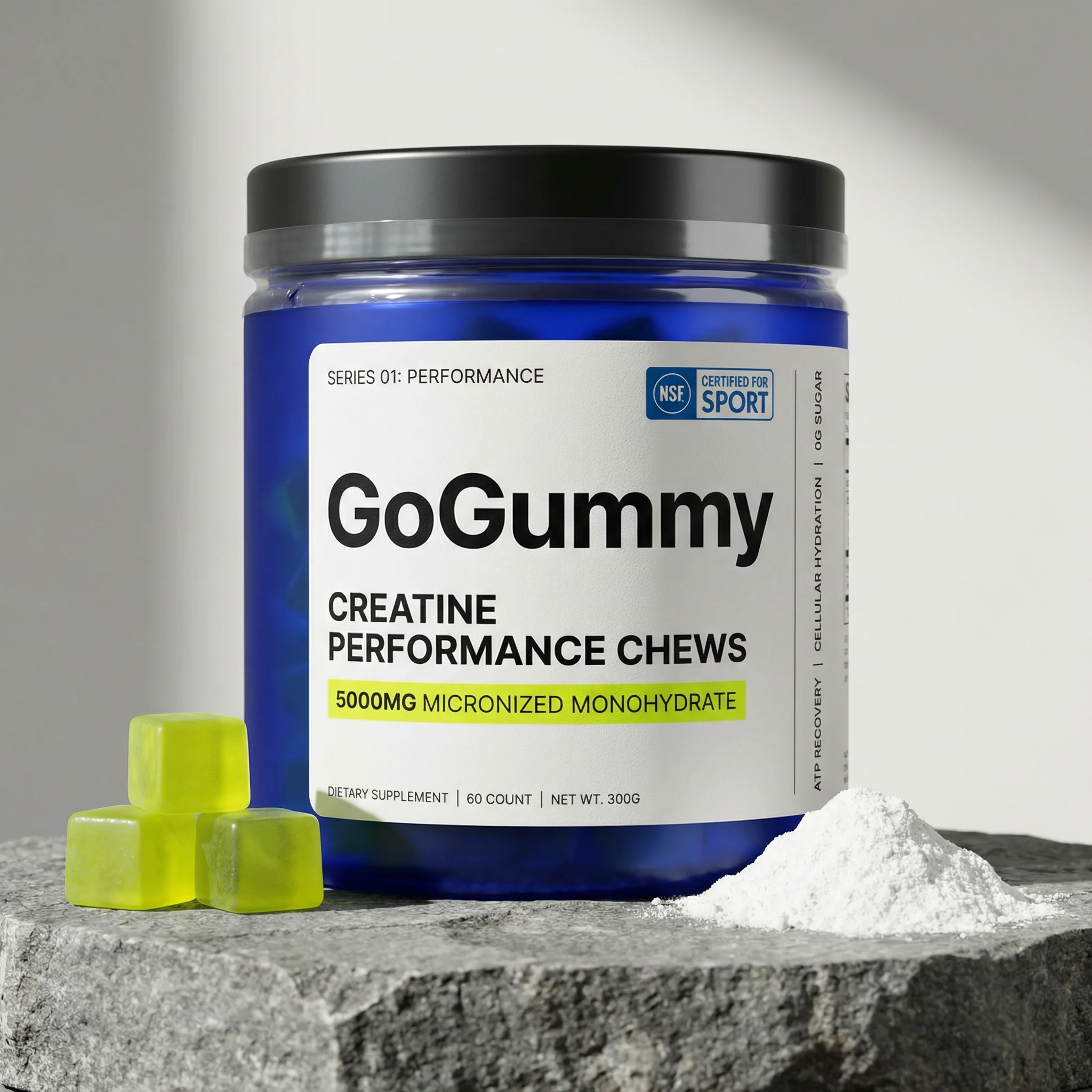AI CPG product photography for creatine gummies with scattered powder, fresh ingredients, and high-contrast studio lighting for Shopify and Amazon listings