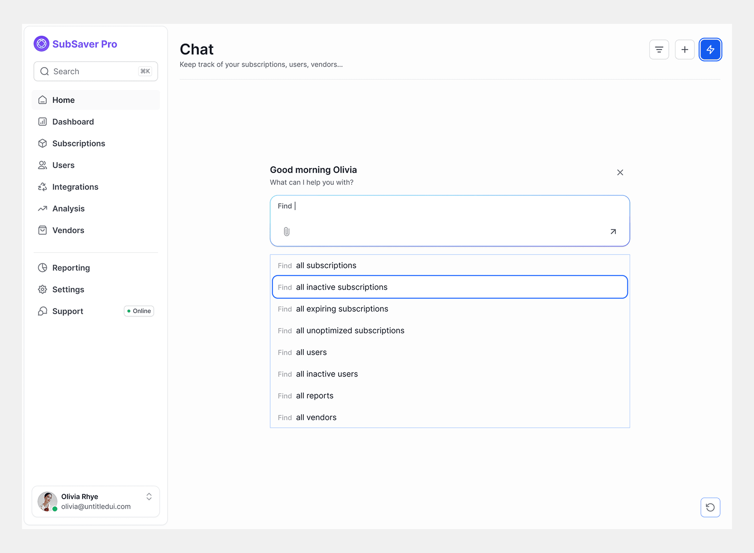 SubSaver Pro AI assistant interface showing a natural language query for inactive subscriptions, returning a table of Adobe Xd, Microsoft, UpSource, and Jira Core