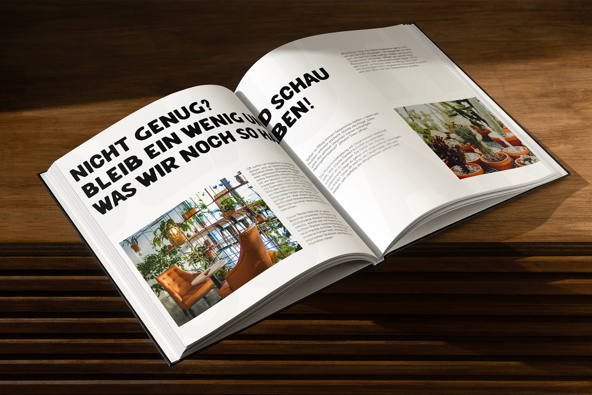 Aufgeschlagenes Buch mit großer Typografie-Headline und zwei Bildern aus dem Beautiful Botanics-Laden in einem schlichten, modernen Layout.