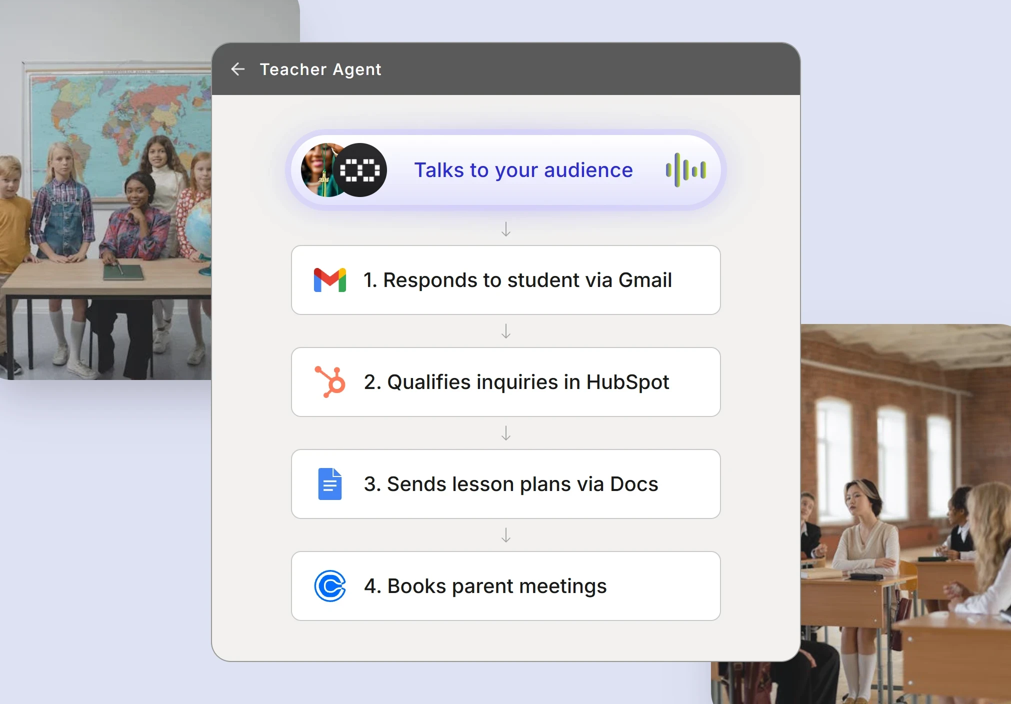 Teachers automation workflow showing student inquiry management