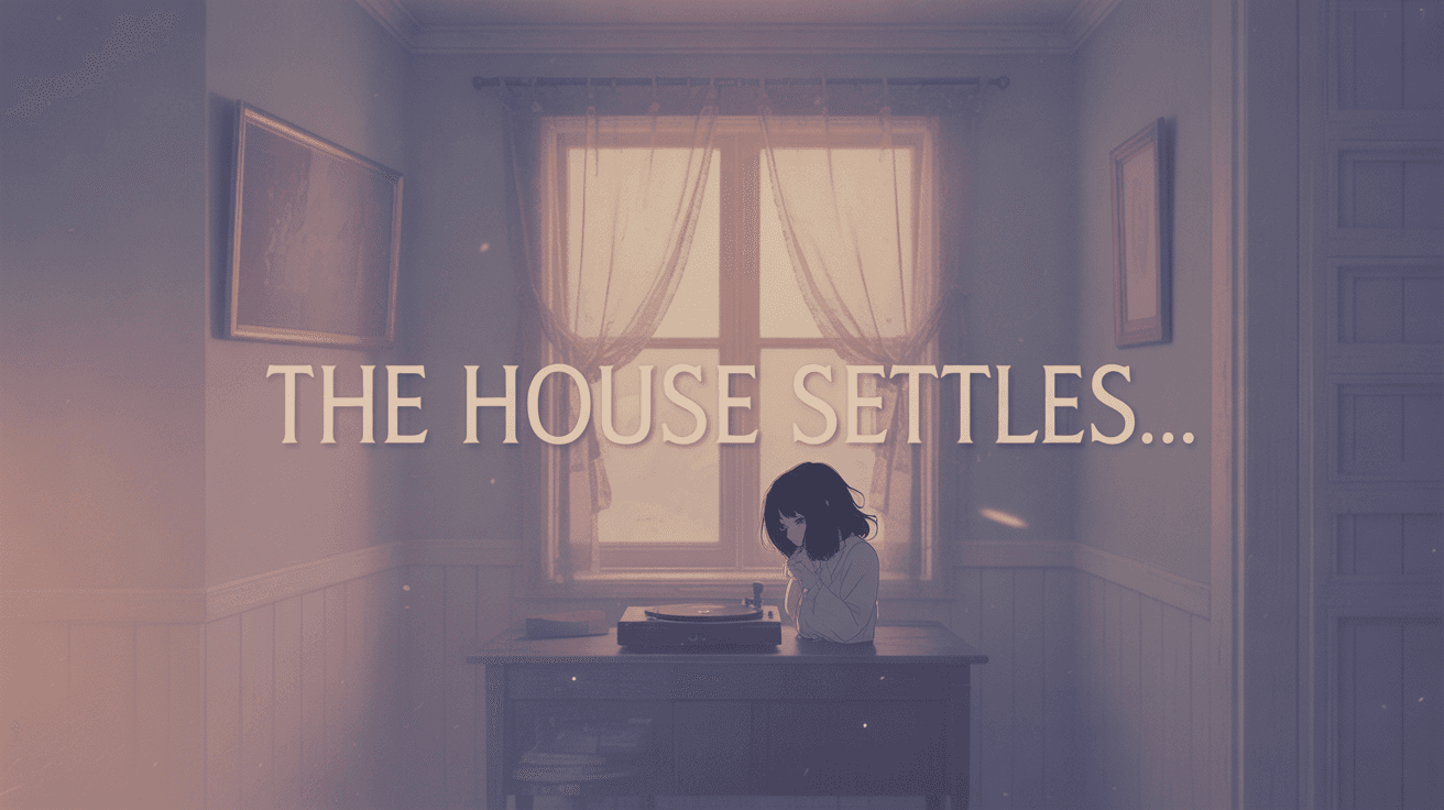 Anime figure by record player in a moonlit room with The House Settles title across the window