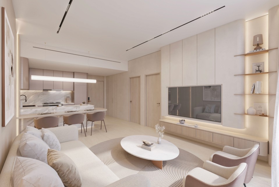  A tranquil bedroom with a scenic water view visible through a spacious window, located in The Caden by Prescott.