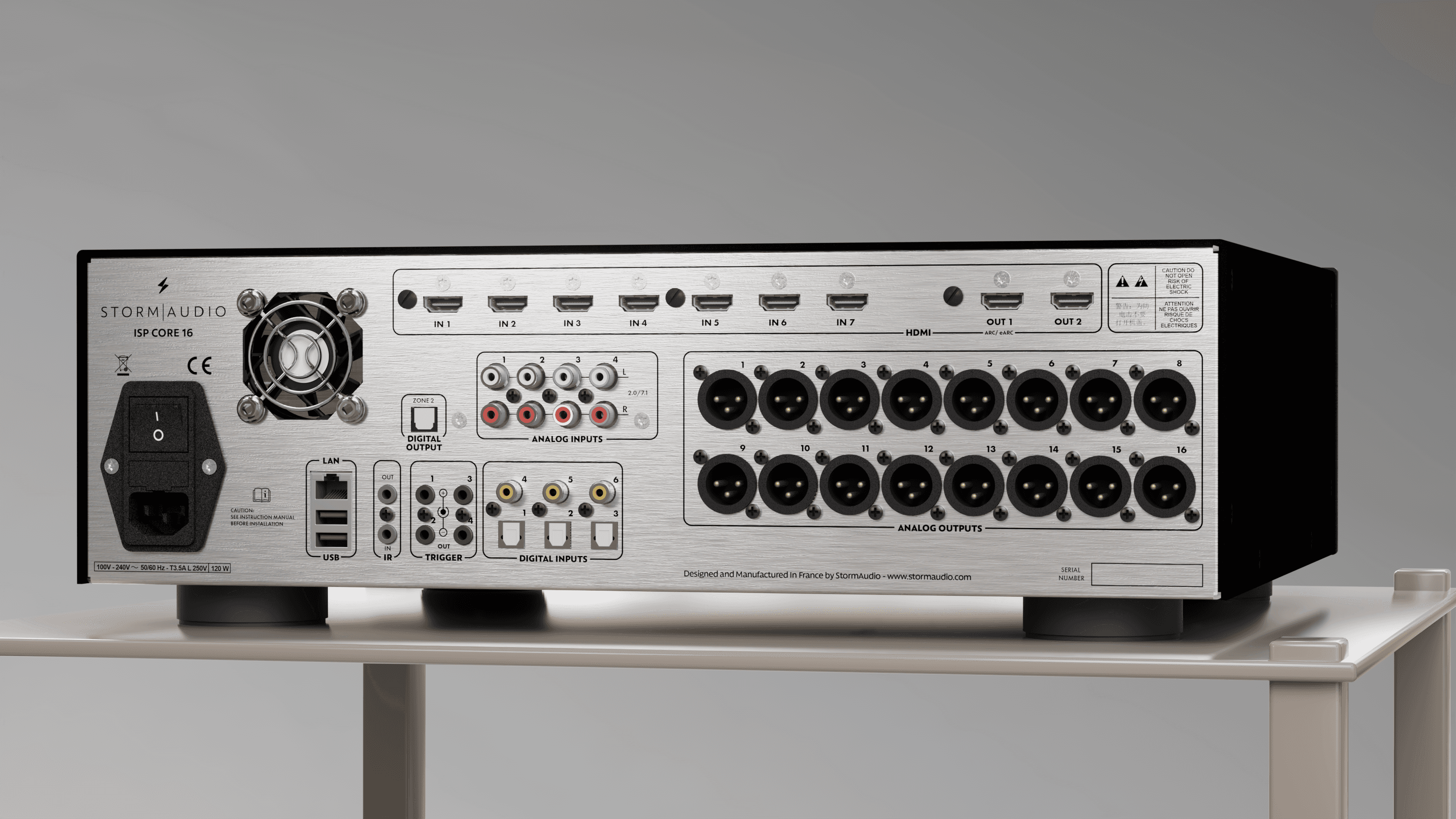 StormAudio ISP CORE 16 rear panel with many inputs/outputs.
