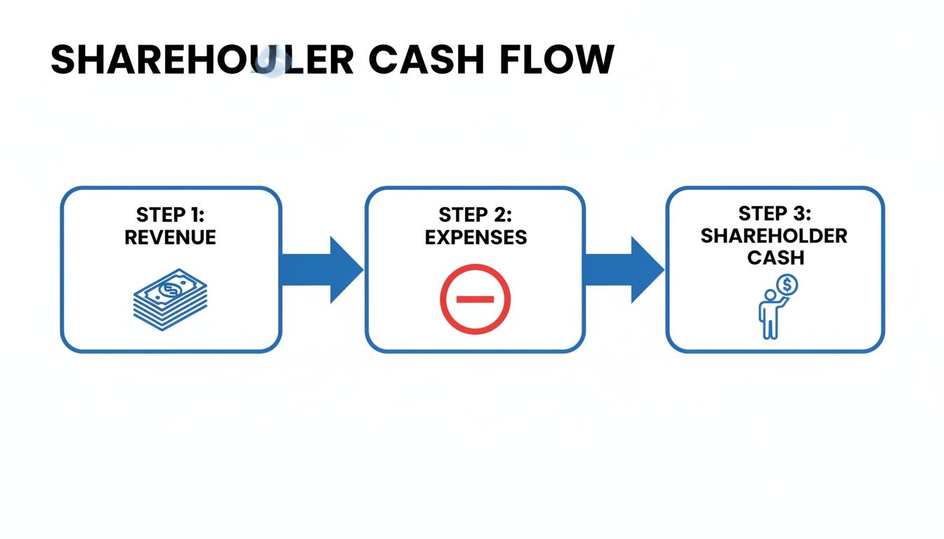 A flowchart illustrates Shareholder Cash Flow: Step 1 Revenue, minus Step 2 Expenses, equals Step 3 Shareholder Cash.