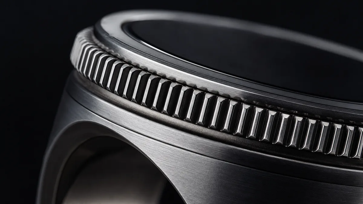 Macro view of a smart zikr ring's knurled rotating bezel and detent teeth