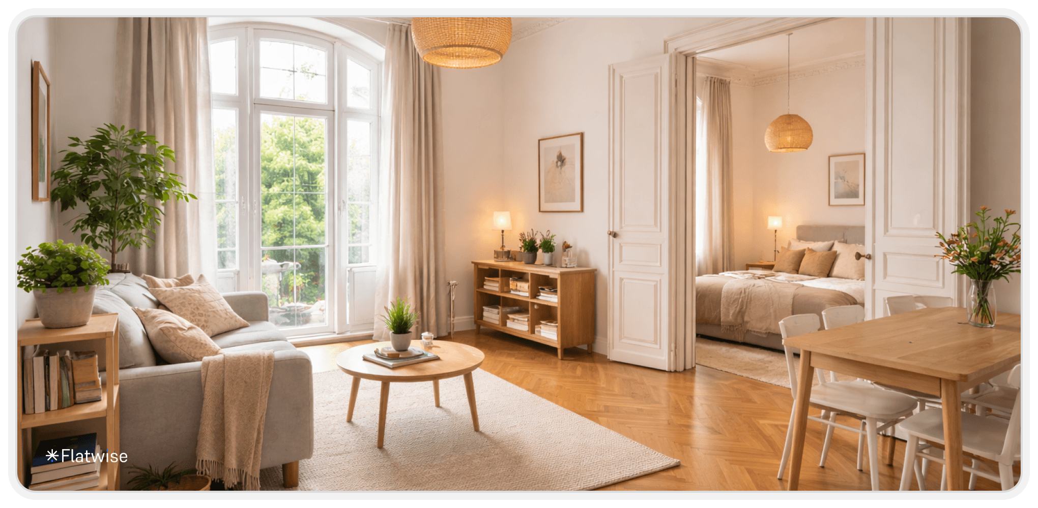 Helle 2-Zimmer-Wohnung in einem Wiener Altbau mit hohen Decken, Fischgrätparkett und Flügeltüren zwischen Wohn- und Schlafzimmer