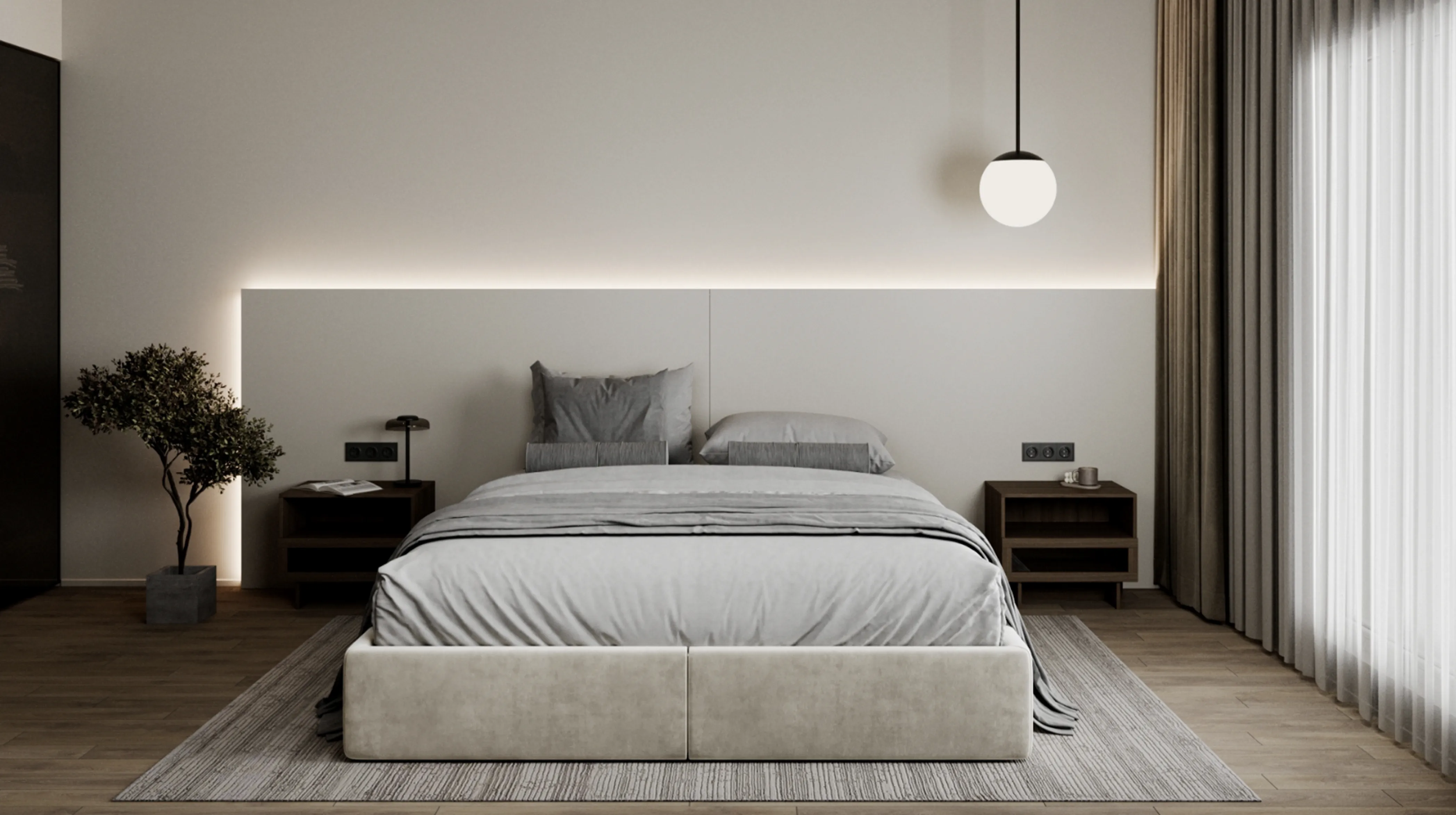 Horizontal view on a double sided bed in a minimalistic, beige bedroom.