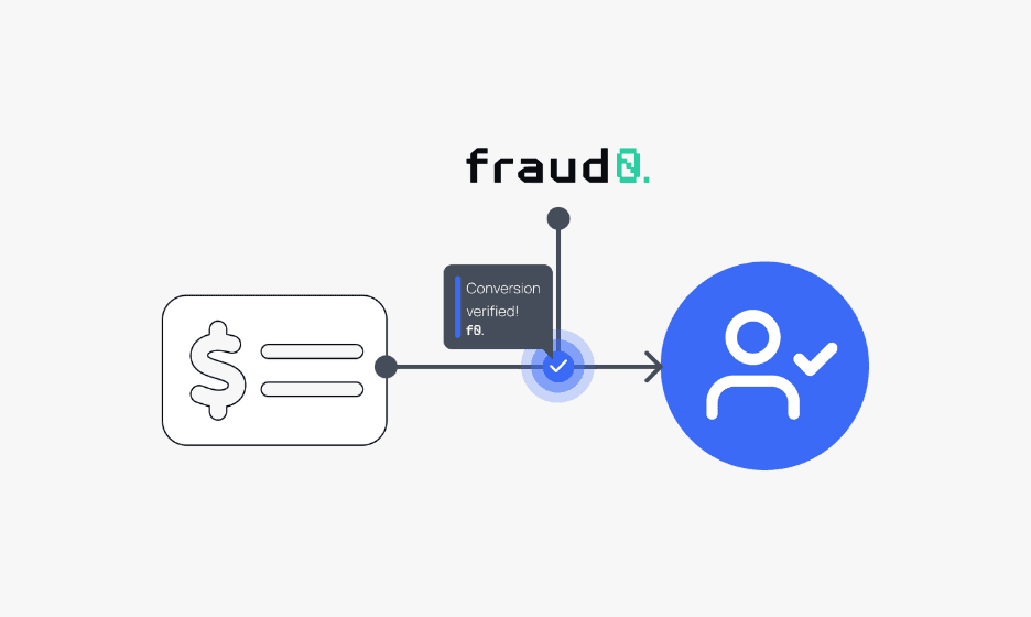 A transaction flow where fraud0 verifies a valid conversion, allowing payment to proceed to a blue user icon with a checkmark.