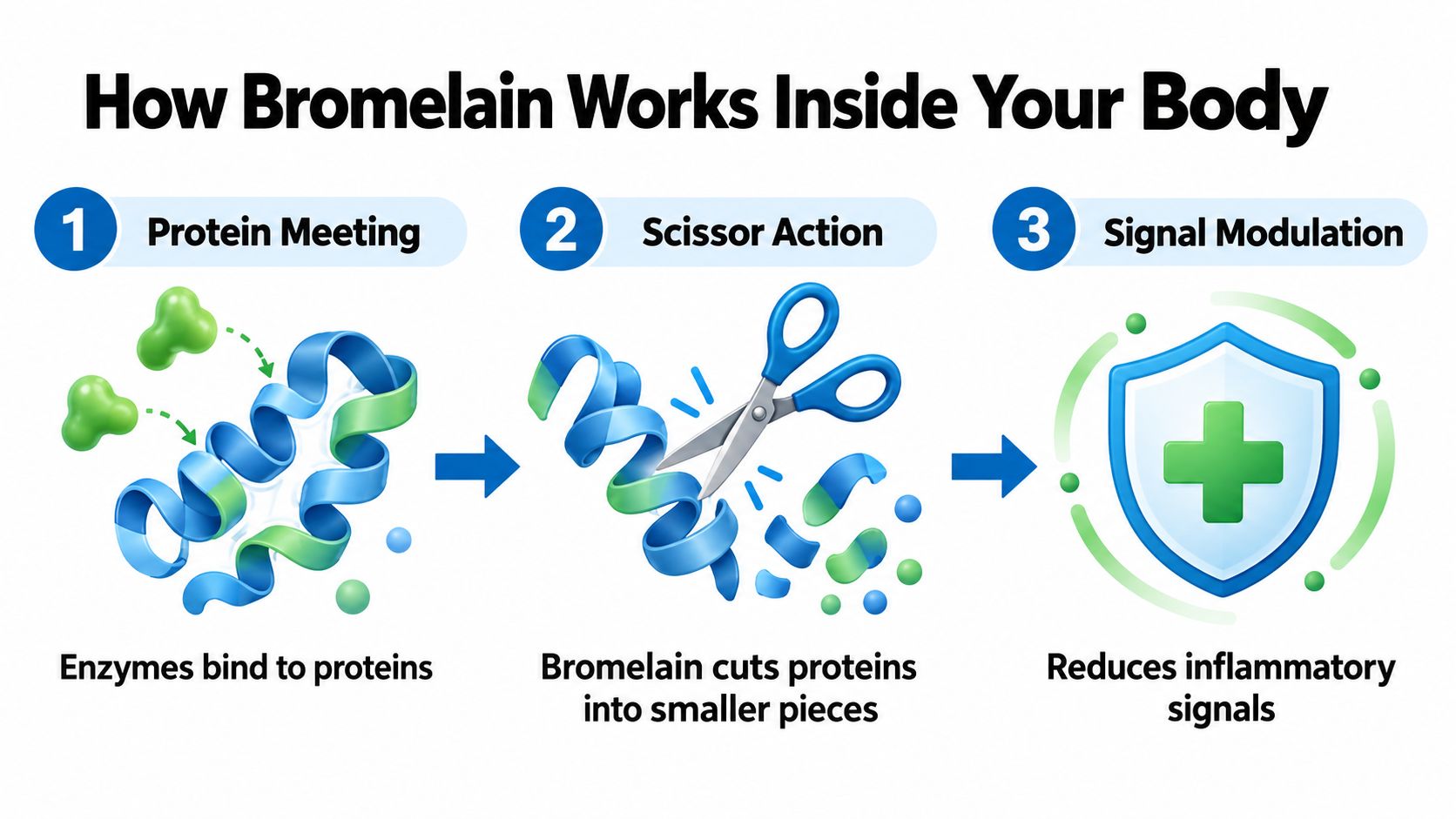 An infographic showing the three steps of how bromelain works in the body to reduce inflammation.