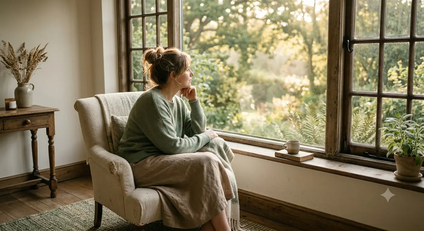 A woman sitting quietly by a window in warm morning light, seen from behind, looking out in contemplation.
