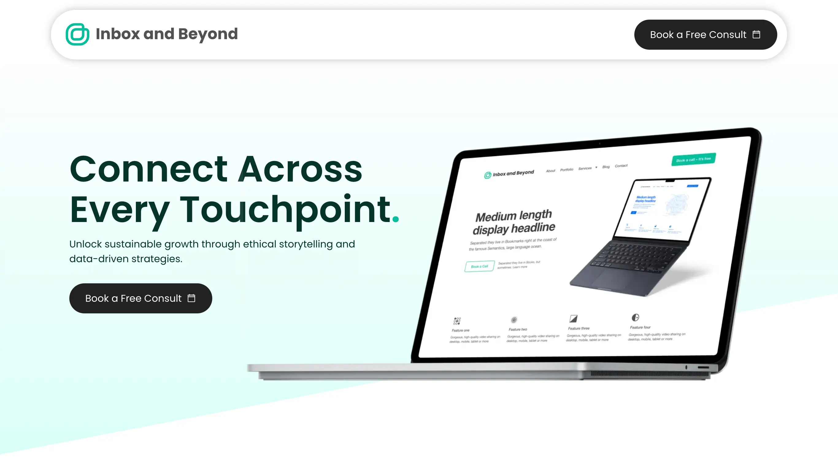 Inbox and Beyond site showcasing multi-channel growth solutions and free consult booking.