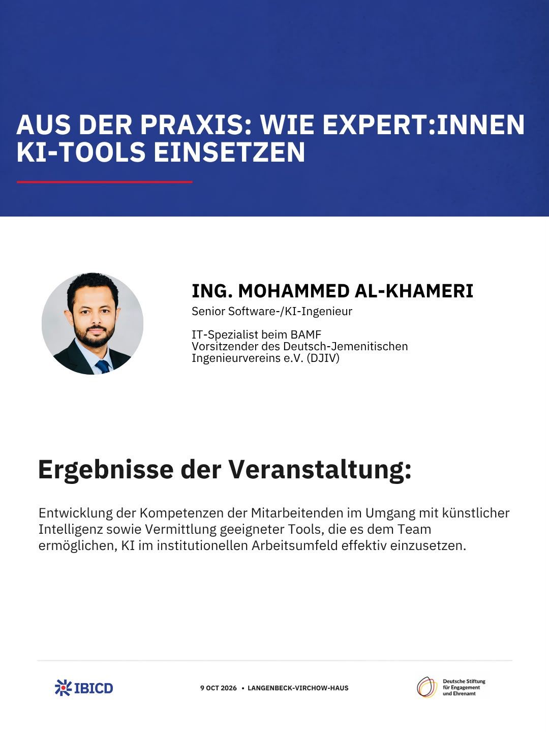Vorstellung des Referenten Mohammed Al-Khameri und der angestrebten Ergebnisse