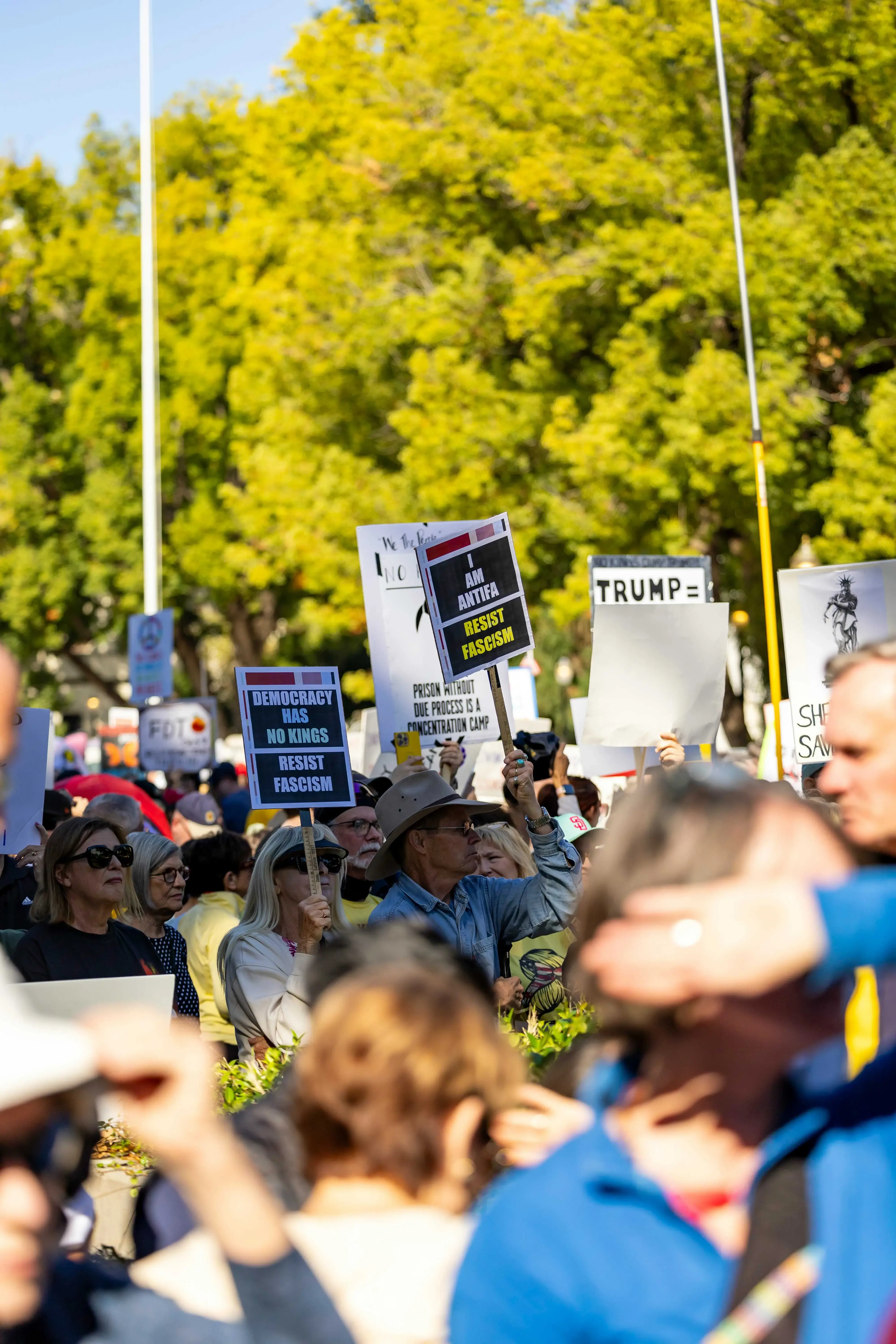 Protesters hold signs at a rally with trump banner