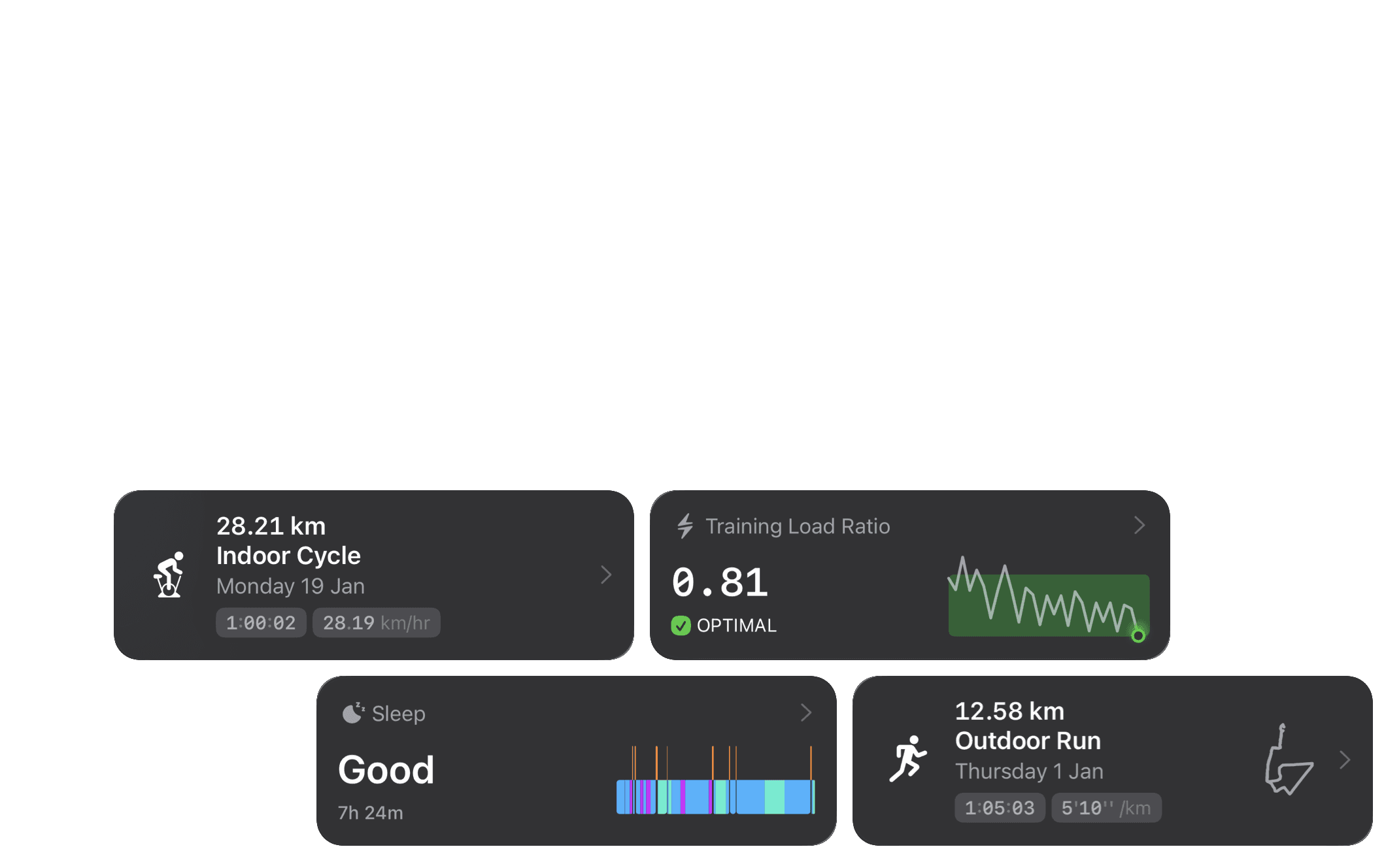 The Outsiders iPhone app Today screen showing Training Readiness at 72% (Moderate Readiness) with guidance text, Apple Watch complications displaying heart rate (46 bpm) and HRV (48 ms), body metrics showing wrist temperature (36.9°C), respiratory rate (12 br/m), and blood oxygen (96%), Training Load Ratio at 0.81 (optimal) with 7-day trend graph, recent workouts including 28.21km indoor cycle and 12.58km outdoor run, and sleep quality rated as Good with 7h 24m duration and sleep stages chart. Designed for cyclists, runners, and endurance athletes to assess daily training readiness based on training load, recovery metrics, and sleep quality.