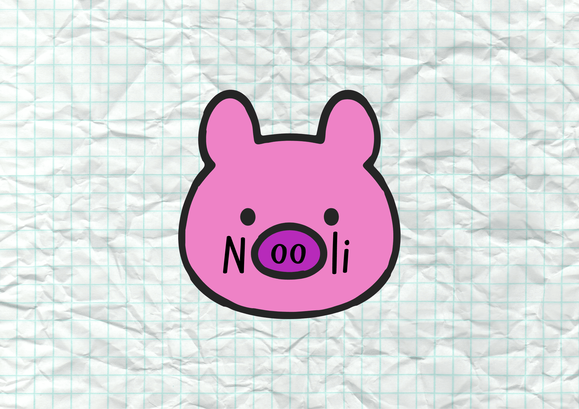 A cartoon pig with the word "Nooli" over the face with the two o's acting as the pig's nostrils