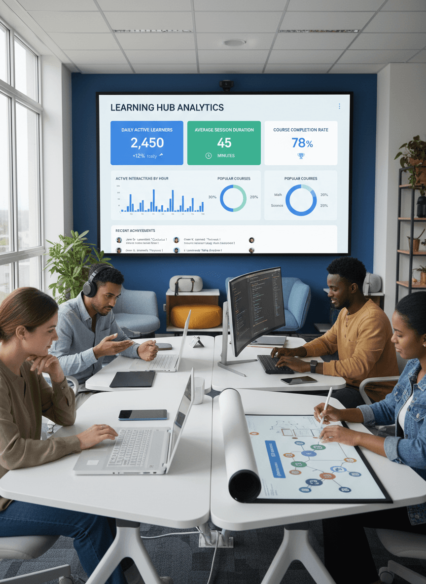 “Learning engagement dashboard showing daily active learners, course completion rates, and student interaction metrics.”