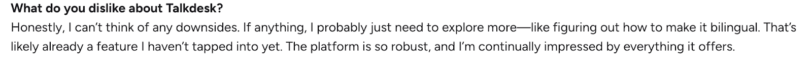 User review indicating no major downsides noted while exploring Talkdesk features