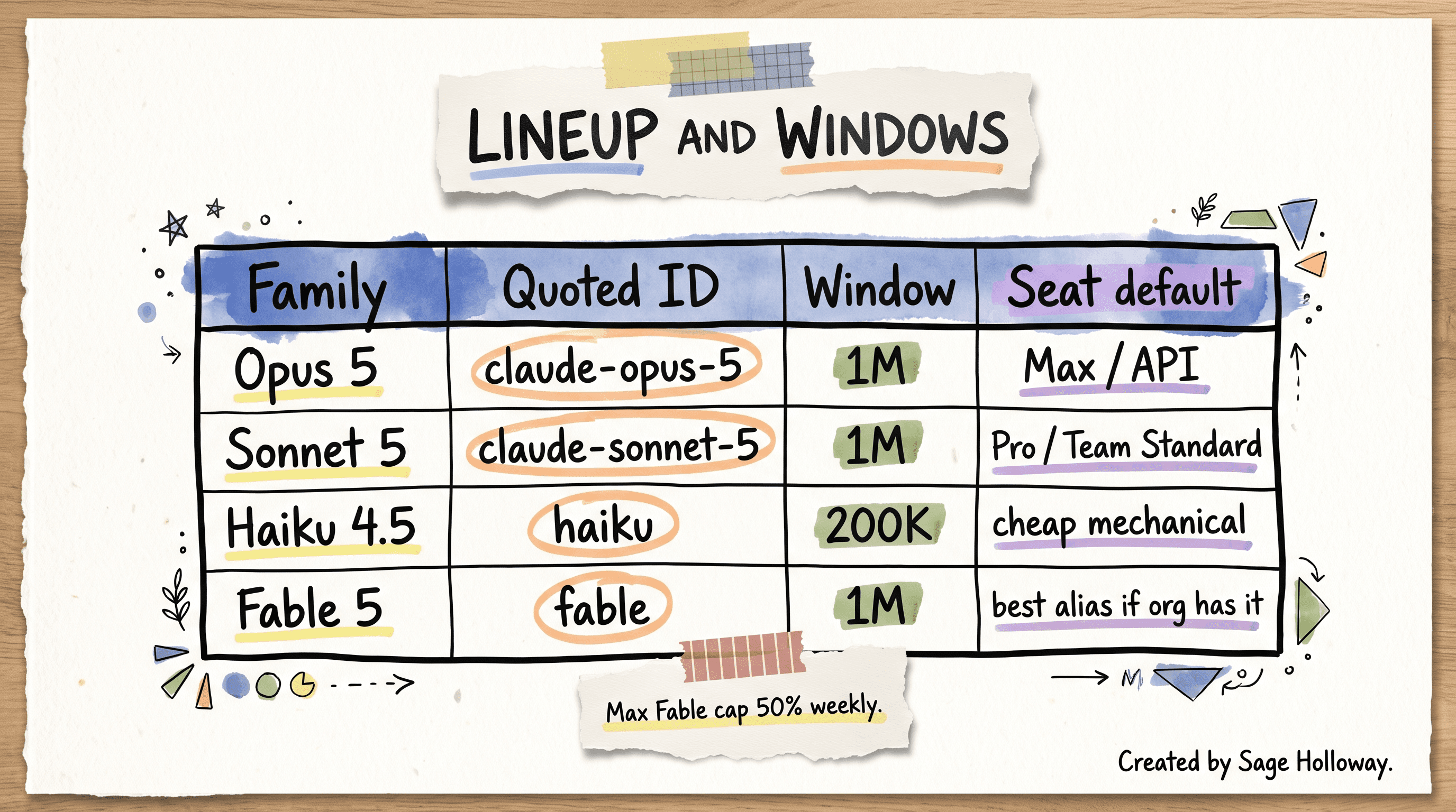 Table of Claude Code model lineup with API-style IDs, context windows, and plan defaults