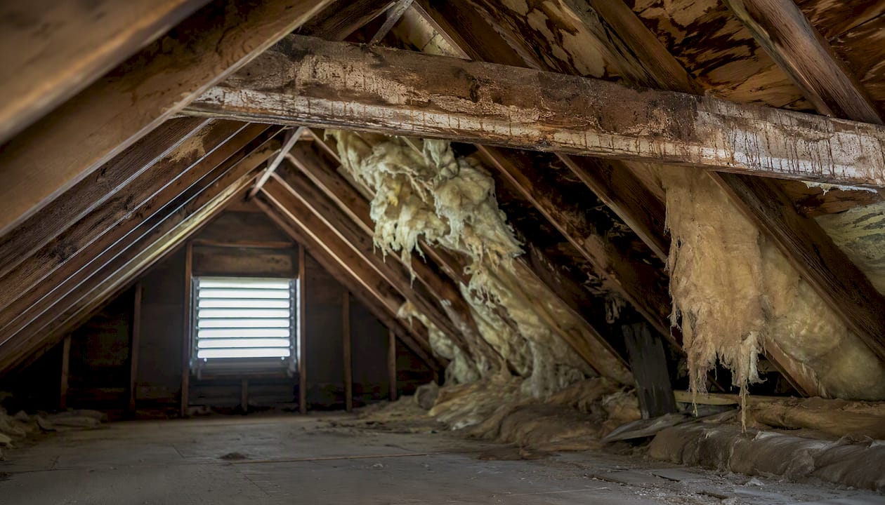 Moisture damage inside attic roof decking