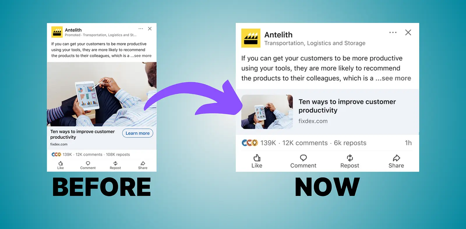 Captura de tela comparando o cartão de visualização do LinkedIn antes e depois da mudança