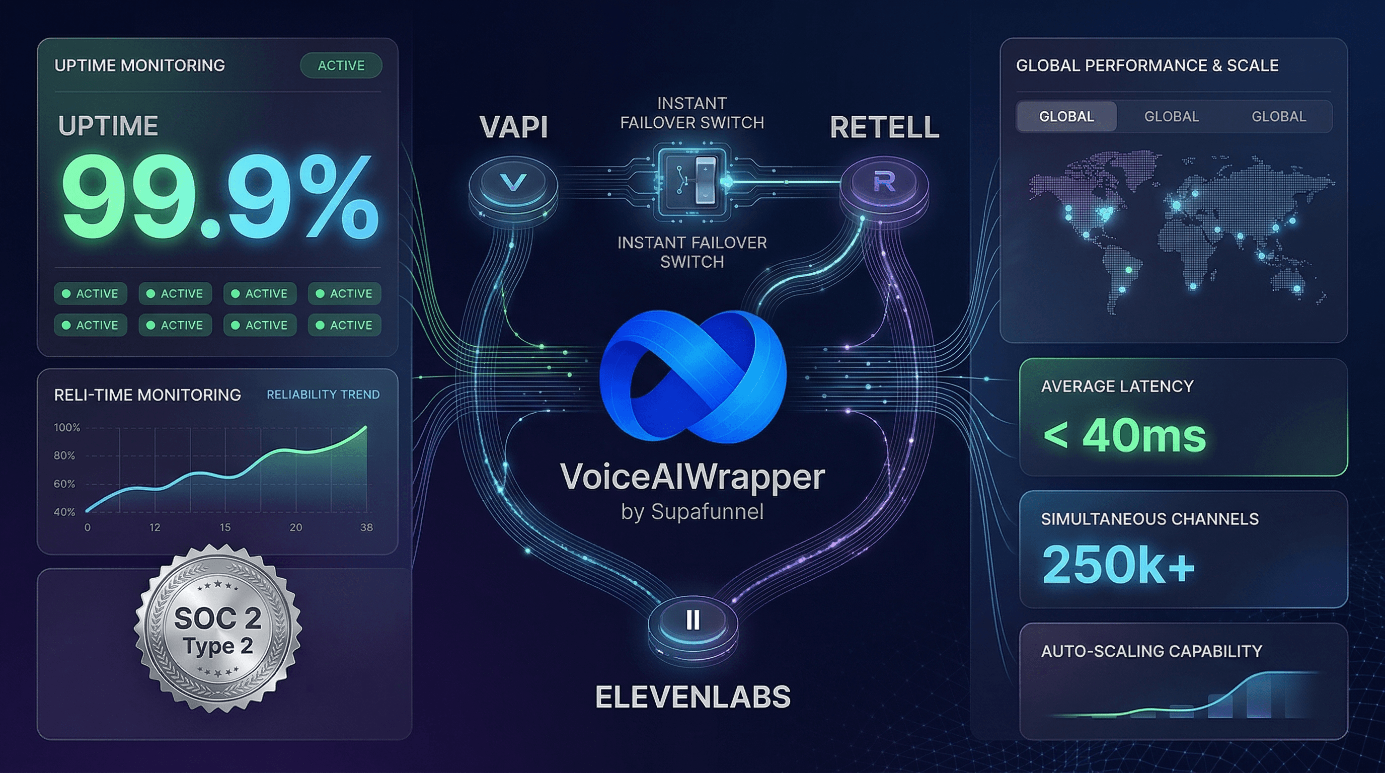 Voice AI platform uptime guarantee feature showing SOC 2 certified status page, Vapi, Retell, ElevenLabs multi-provider failover, and secure data storage | VoiceAIWrapper.