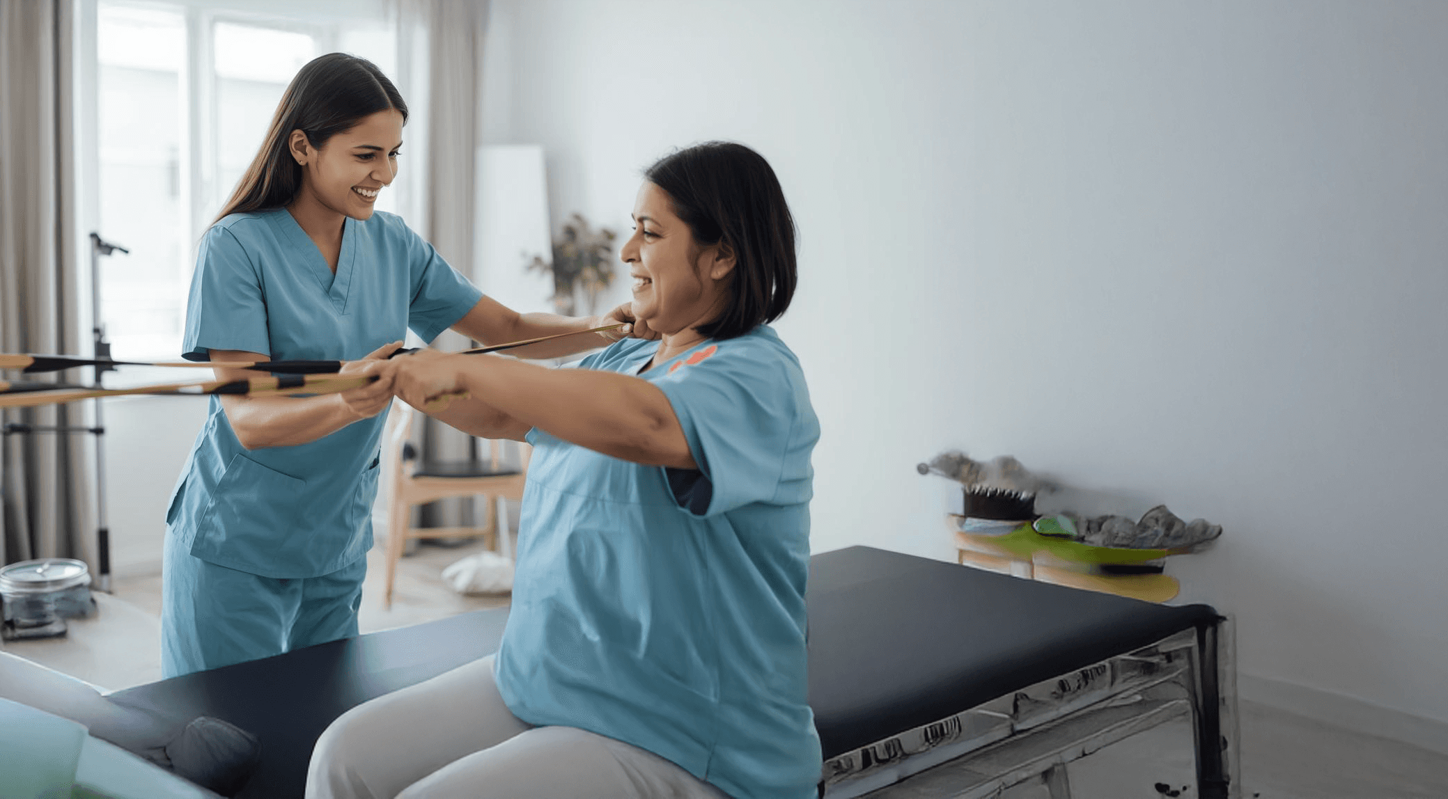 Female physiotherapist assisting an older woman with shoulder and arm strengthening exercises during a physical therapy session.