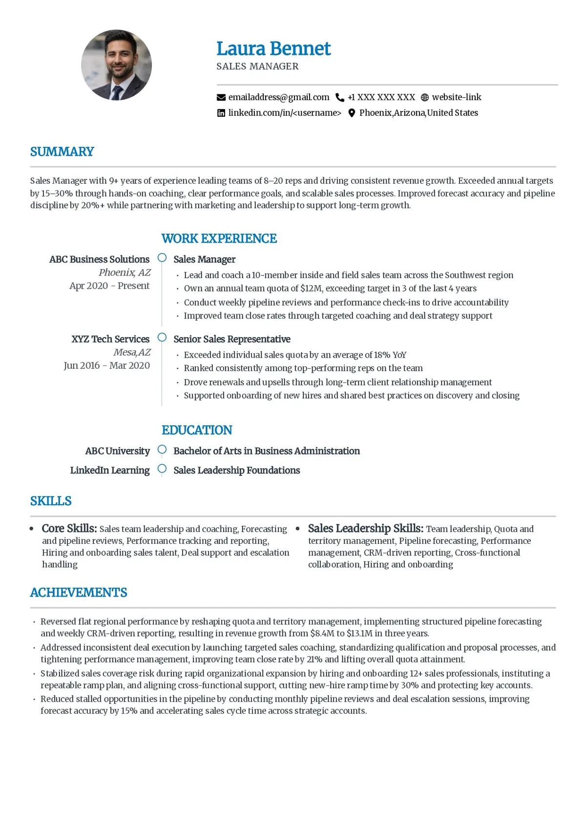 Sales Manager Resume Example
