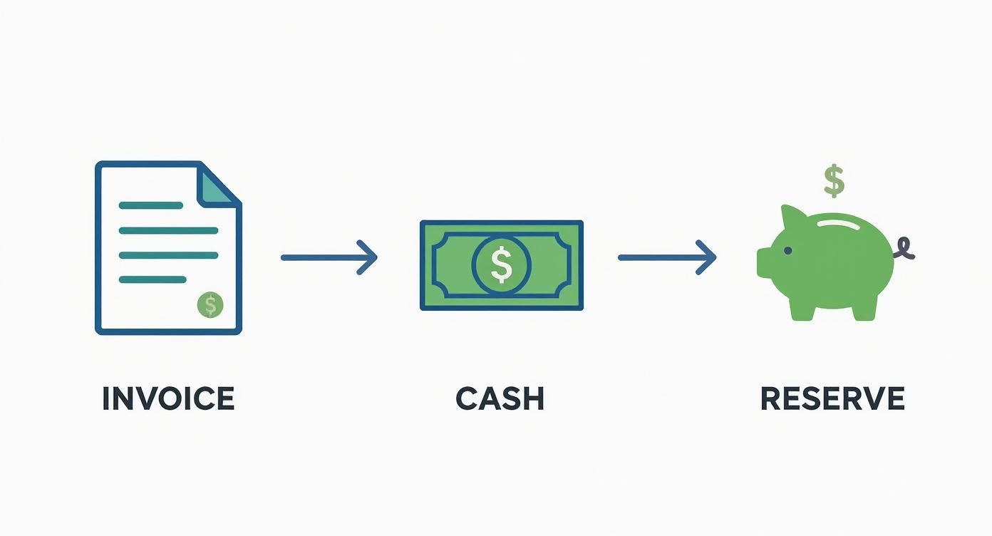 Diagram illustrating the conversion of an invoice into cash, which is then moved to a financial reserve.