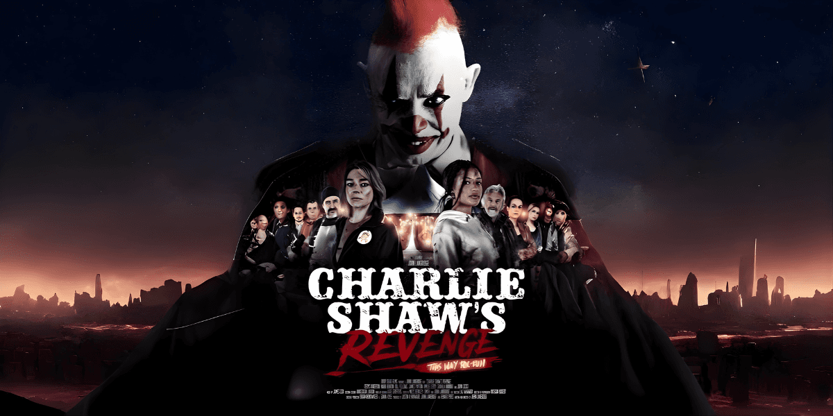 Poster for Charlie Shaw’s Revenge, a UK horror film set in an eerie circus school, featuring a chilling cast and suspense.