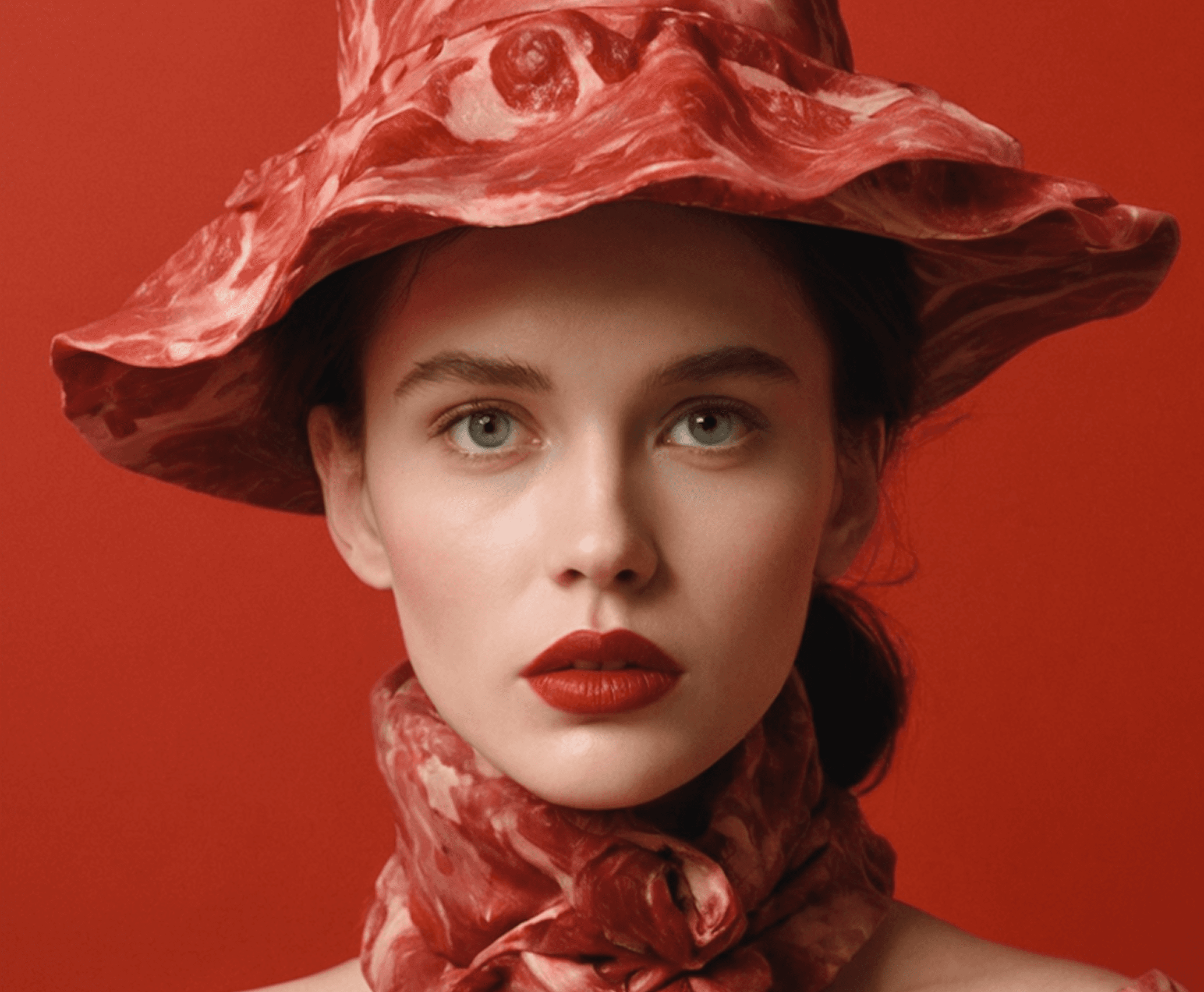 Woman in red meat-textured hat and scarf against a red background..