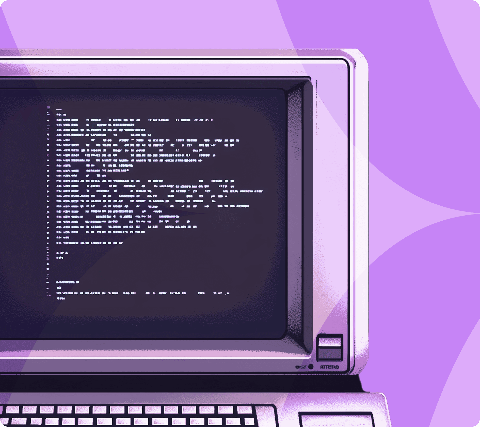 a retro-style computer monitor displaying lines of code on a dark screen. The monitor is set against a vibrant purple background, giving it a modern twist.