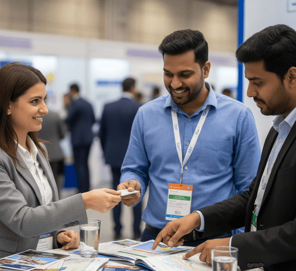 Travel industry professionals exchanging business cards and trade show badges at Holiday Expo Coimbatore, networking with buyers and partners at a B2B travel and tourism event in India.