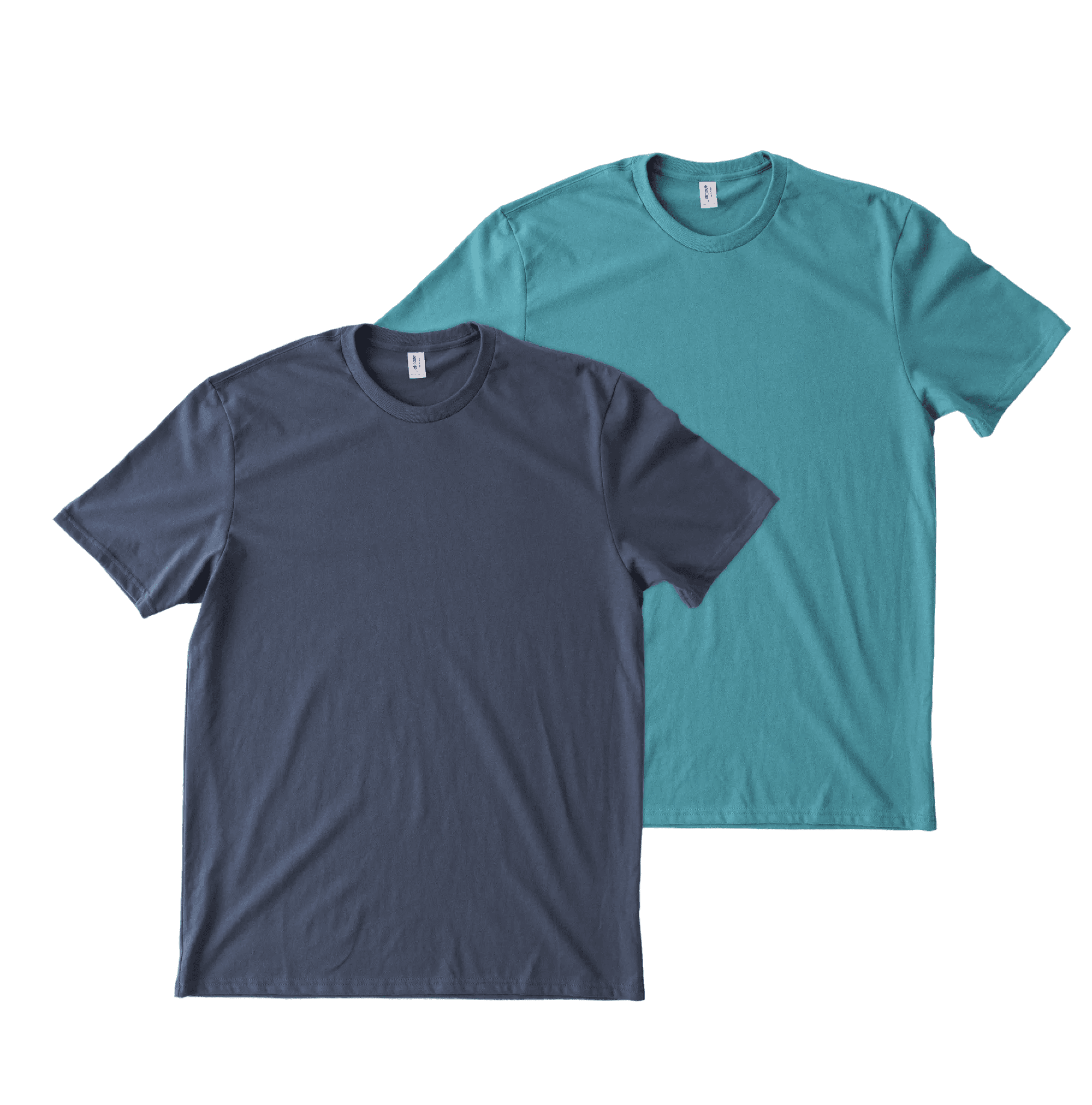 Two plain T-shirts, one in light pink and the other in dark blue, are layered flat on a surface, showcasing their simple round-neck design and soft, casual fabric.